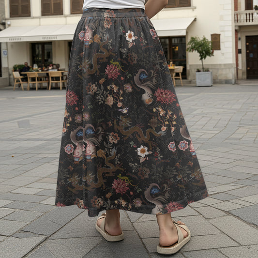 Women Casual Maxi Skirt Long Elastic Waist with Pockets 100% Cotton Black Aloha Ink Charm Eastern Dream