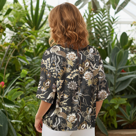 Women Casual Blouse Elbow Sleeve Round Neck Button-Back 100% Lyocell Brown Aloha Tranquil Ink Floral Art