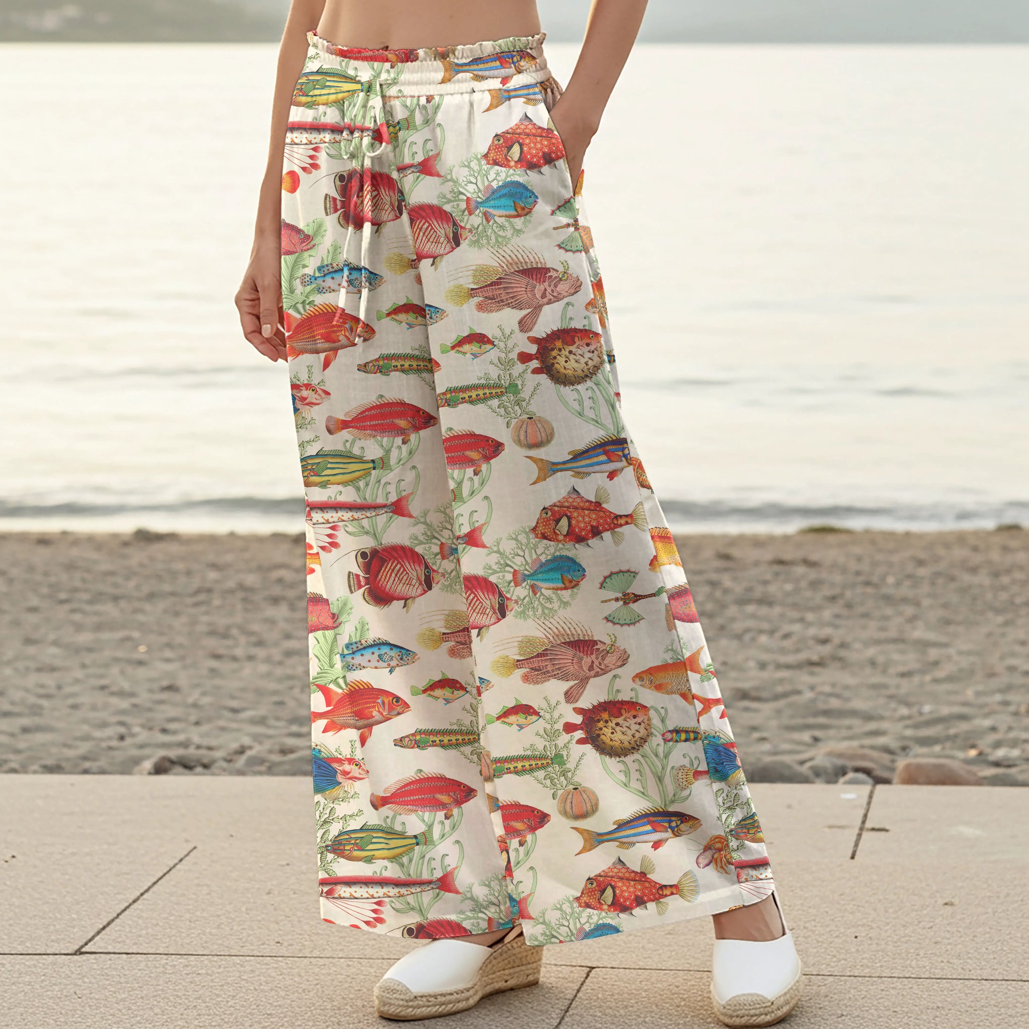 Women Casual Pants Lounge Elastic Waist Drawstring with Pockets 100% Cotton Beige Aloha Symphony Of The Sea