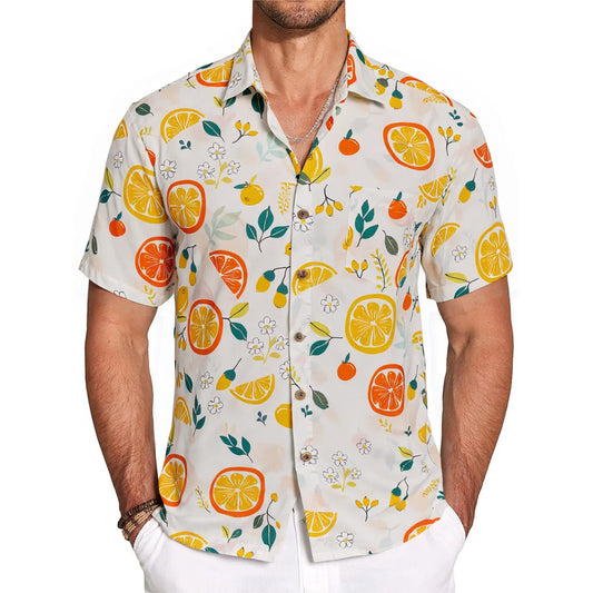 LeosWare® Men's Hawaiian Shirt Short Sleeve Button-up 100% Cotton Yellow Aloha Summer Fruit Guide