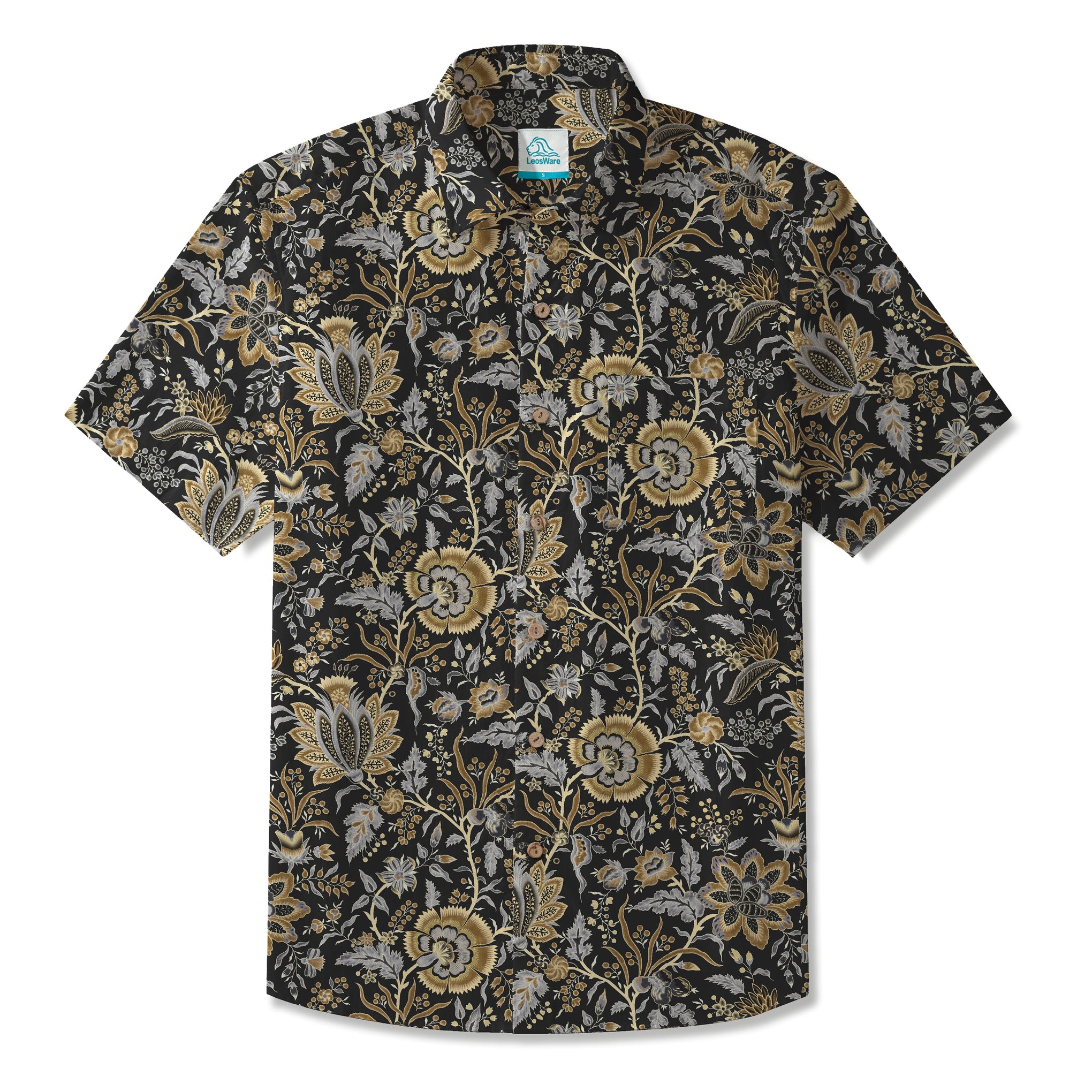 LeosWare® Men's Hawaiian Shirt Short Sleeve Button-up 100% Cotton Black Aloha Vintage Black Floral Coffee Mug