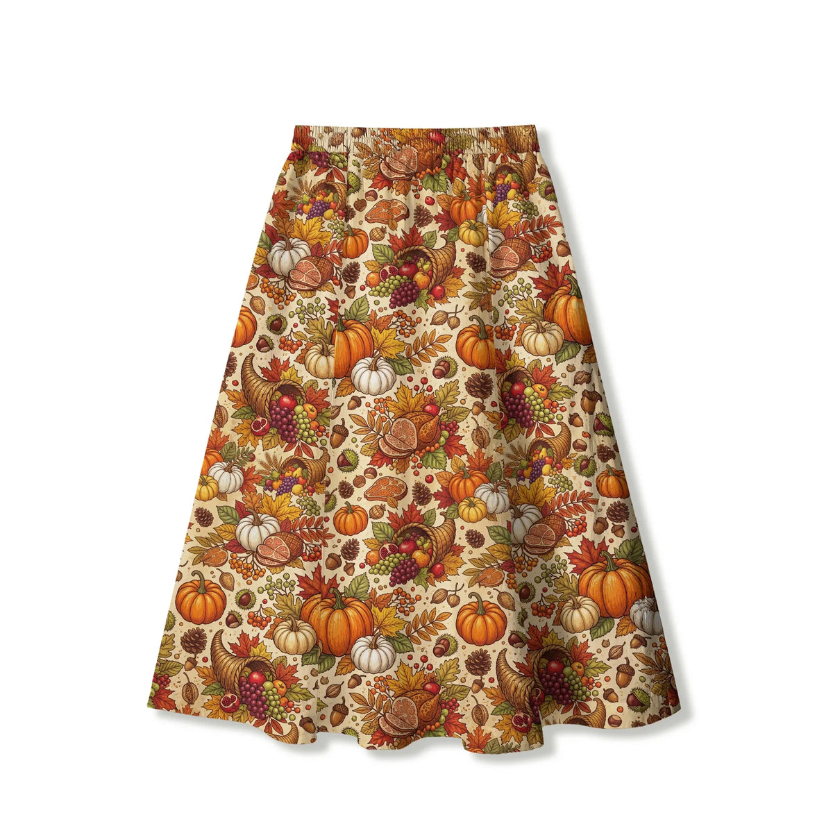 Women's orange skirt, Thanksgiving harvest design, elastic waist