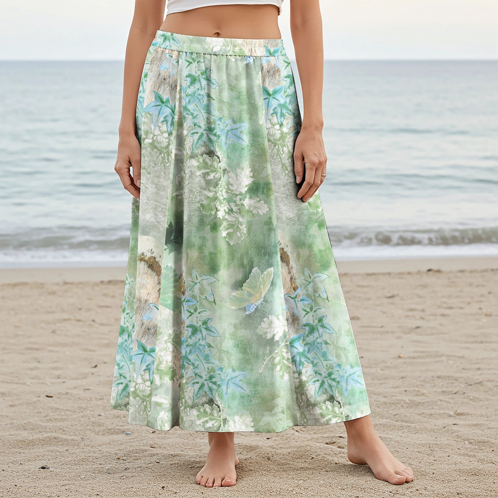 Women Casual Maxi Skirt Long Elastic Waist with Pockets 100% Cotton Green Aloha Forest Sprite