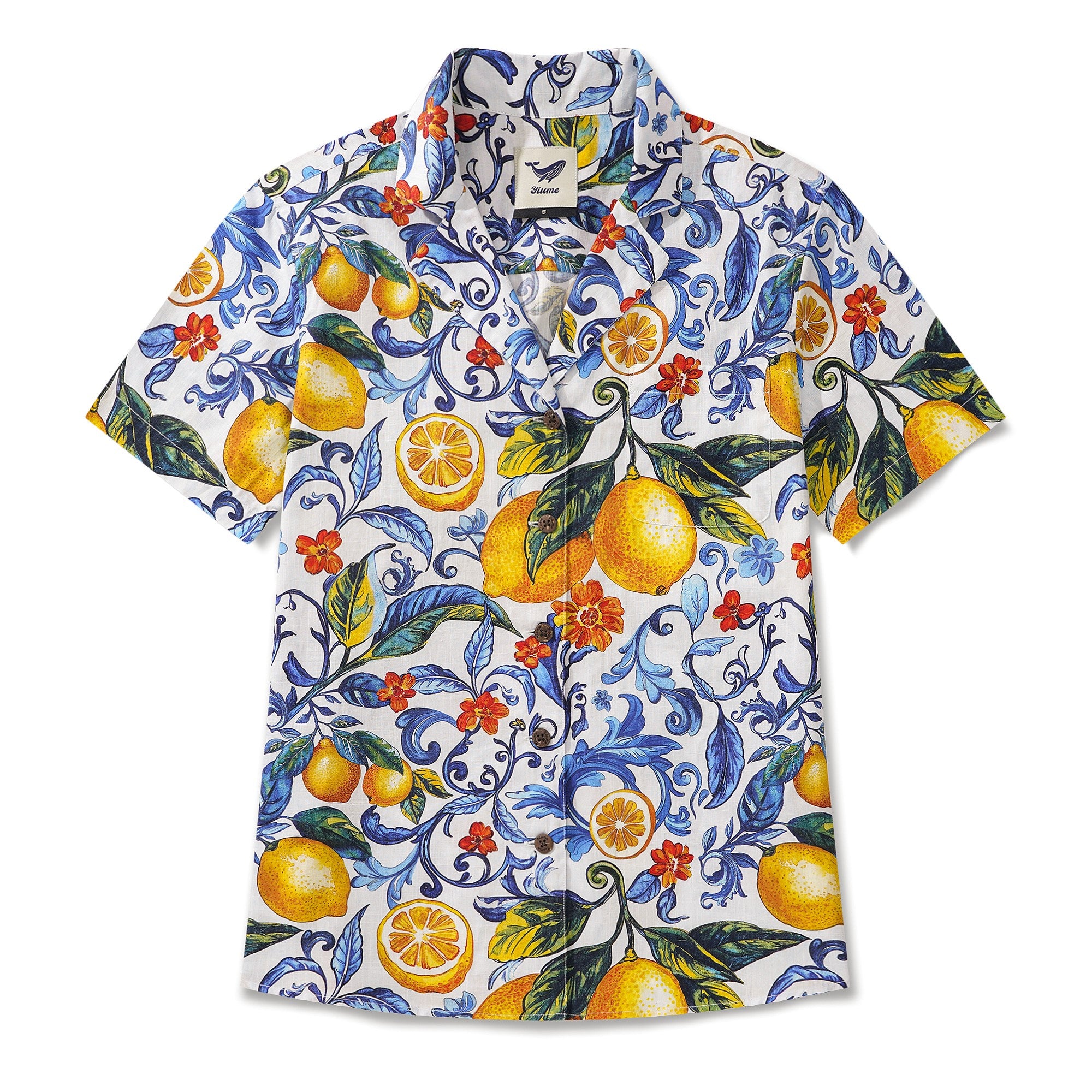 Women's Hawaiian Shirt Blue Aloha Lemon Sicily Cotton Camp Collar Short Sleeve