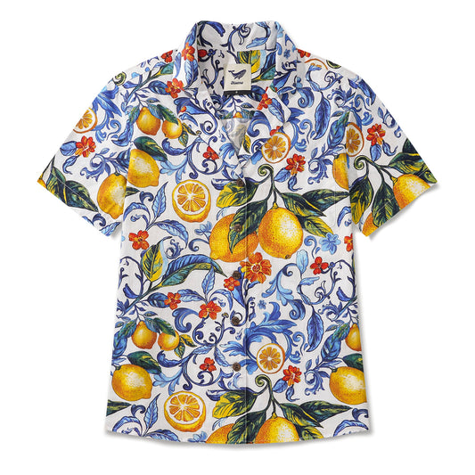 Chemise hawaïenne féminine bleu aloha citron coton coton camp collier courte