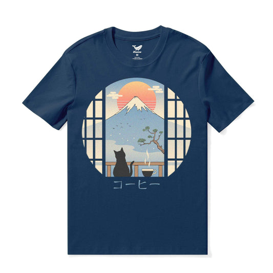 Men's navy blue tee with Coffee Cat and Mt. Fuji design