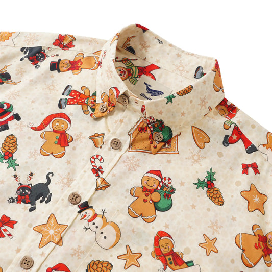 Men's Hawaiian Shirt Short Sleeve Button-down 100% Cotton Beige Aloha Gingerbread Christmas Carnival