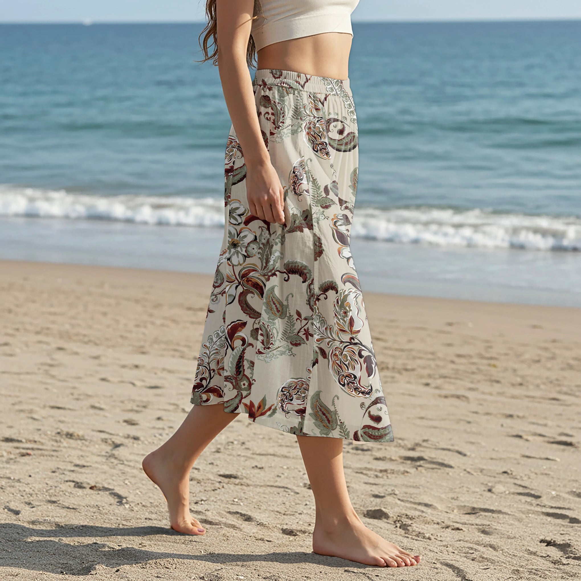 Women Casual Maxi Skirt Long Elastic Waist with Pockets 100% Cotton Green Aloha Classic Paisley Floral Art