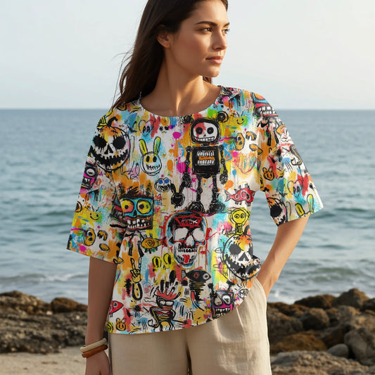 Women Casual Blouse Elbow Sleeve Crew Neck Button-Back 95% Lyocell, 5% Linen White Aloha Graffiti Madness Party