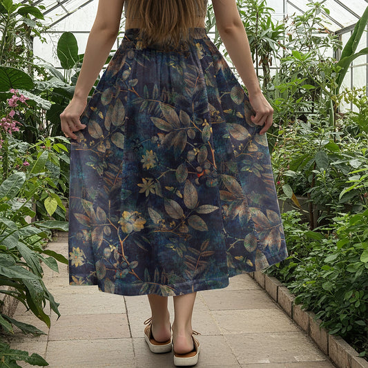 Women Casual Maxi Skirt Long Elastic Waist with Pockets 100% Cotton Green Aloha Atmospheric Plant Whispers