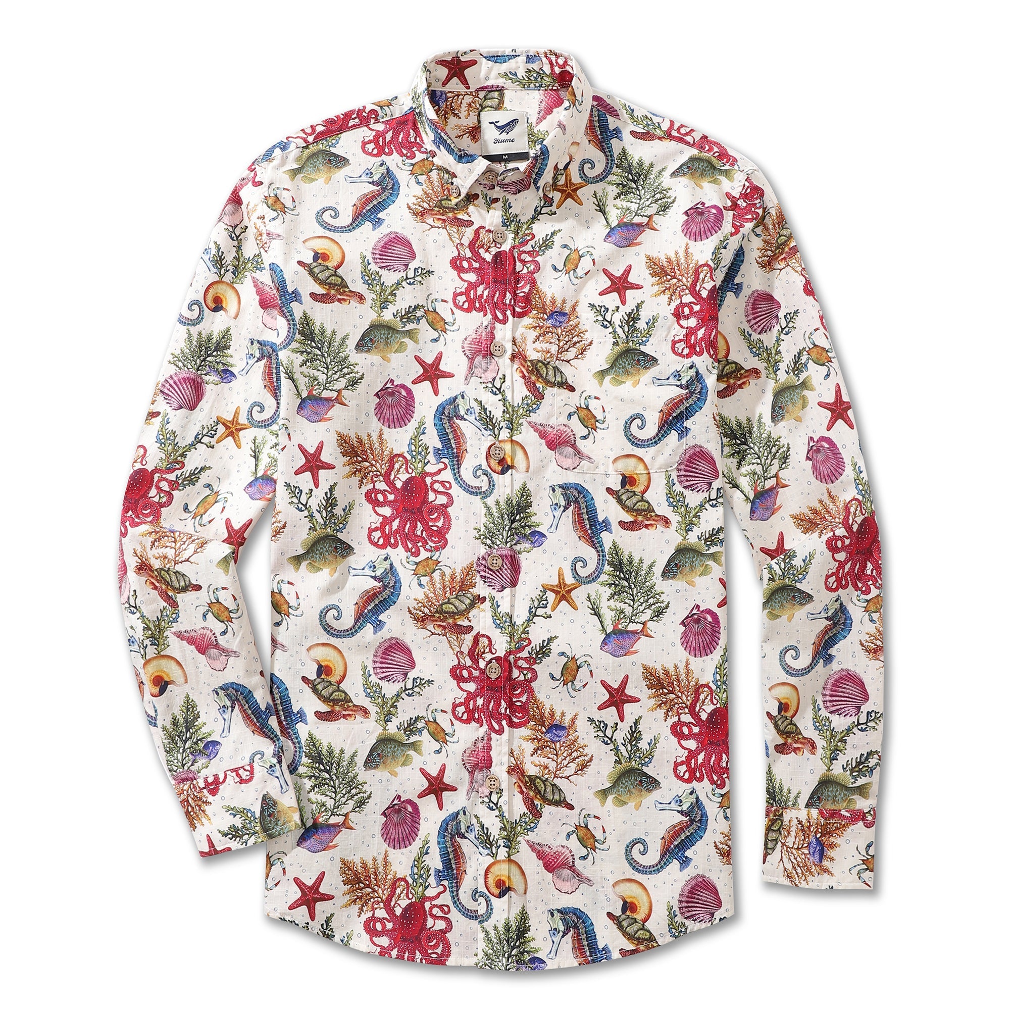 Men's Hawaiian Shirt Marine Life Seahorse Octopus Print Cotton Button-down Long Sleeve Aloha Shirt Marine Life Long Sleeve Shirt