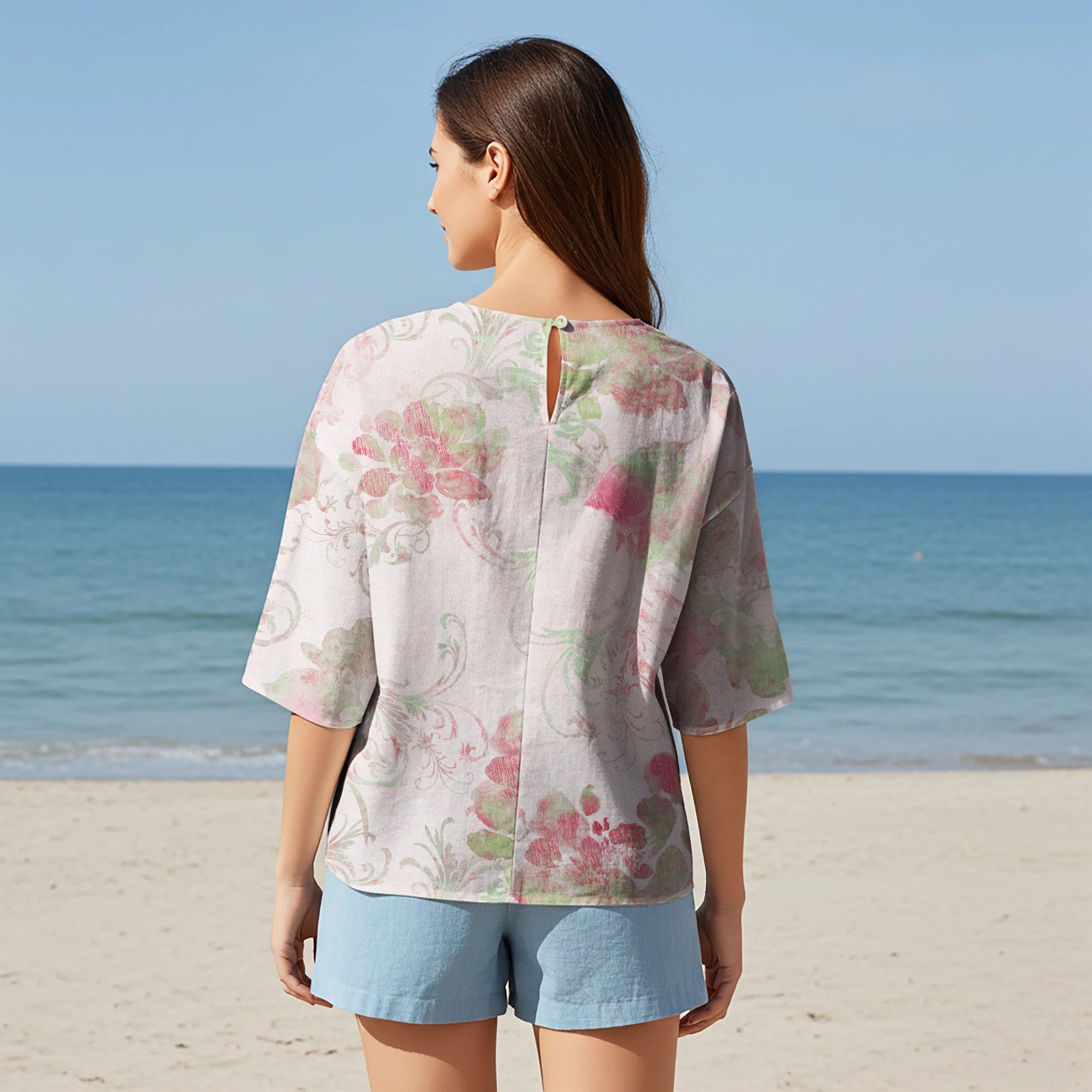 Women Casual Blouse Elbow Sleeve Round Neck Button-Back 95% Lyocell, 5% Linen Aloha Soft Pink Blossom