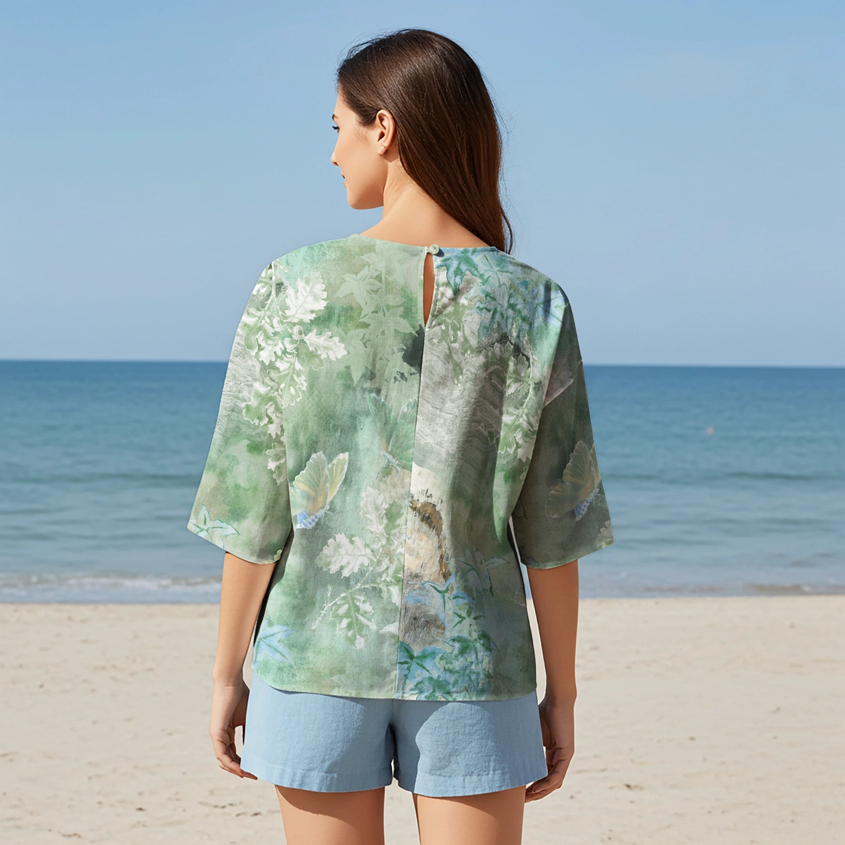 Women Casual Blouse Elbow Sleeve Round Neck Button-Back 95% Lyocell, 5% Linen Green Aloha Forest Sprite