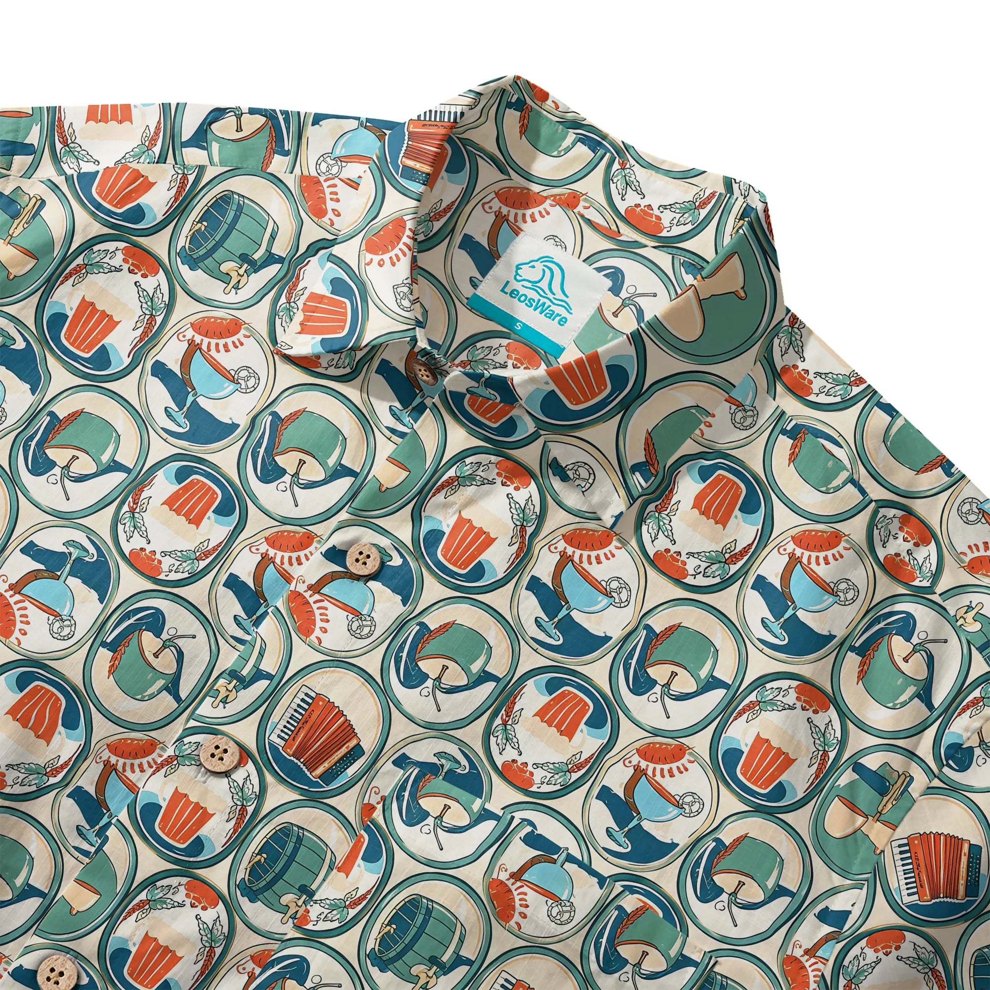 Men's Hawaiian shirt with Oktoberfest beer steins and barrels