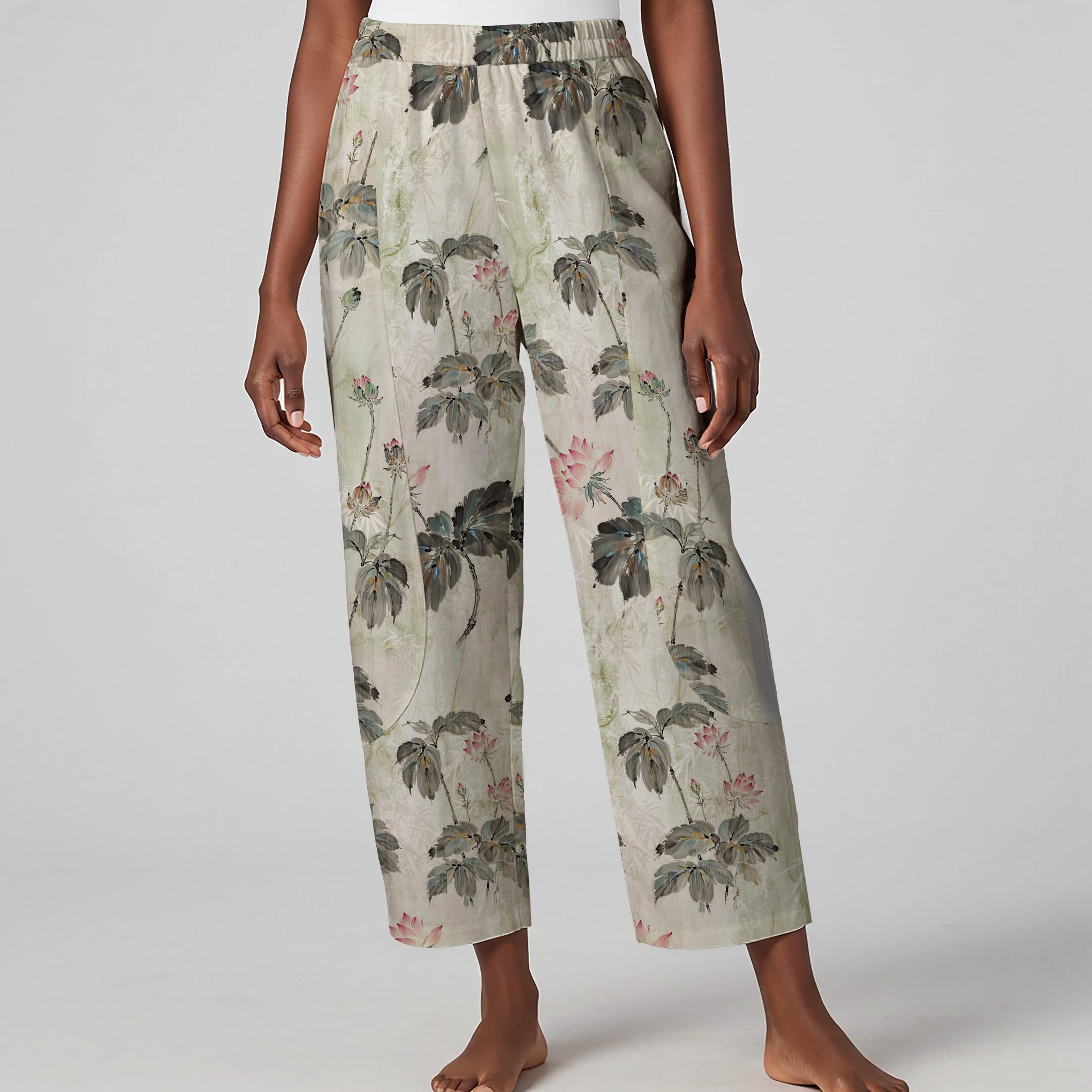 Women Casual Ankle Pants Lounge Elastic Waist with Pockets 93% Lyocell, 7% Linen Green Aloha Lotus Charm