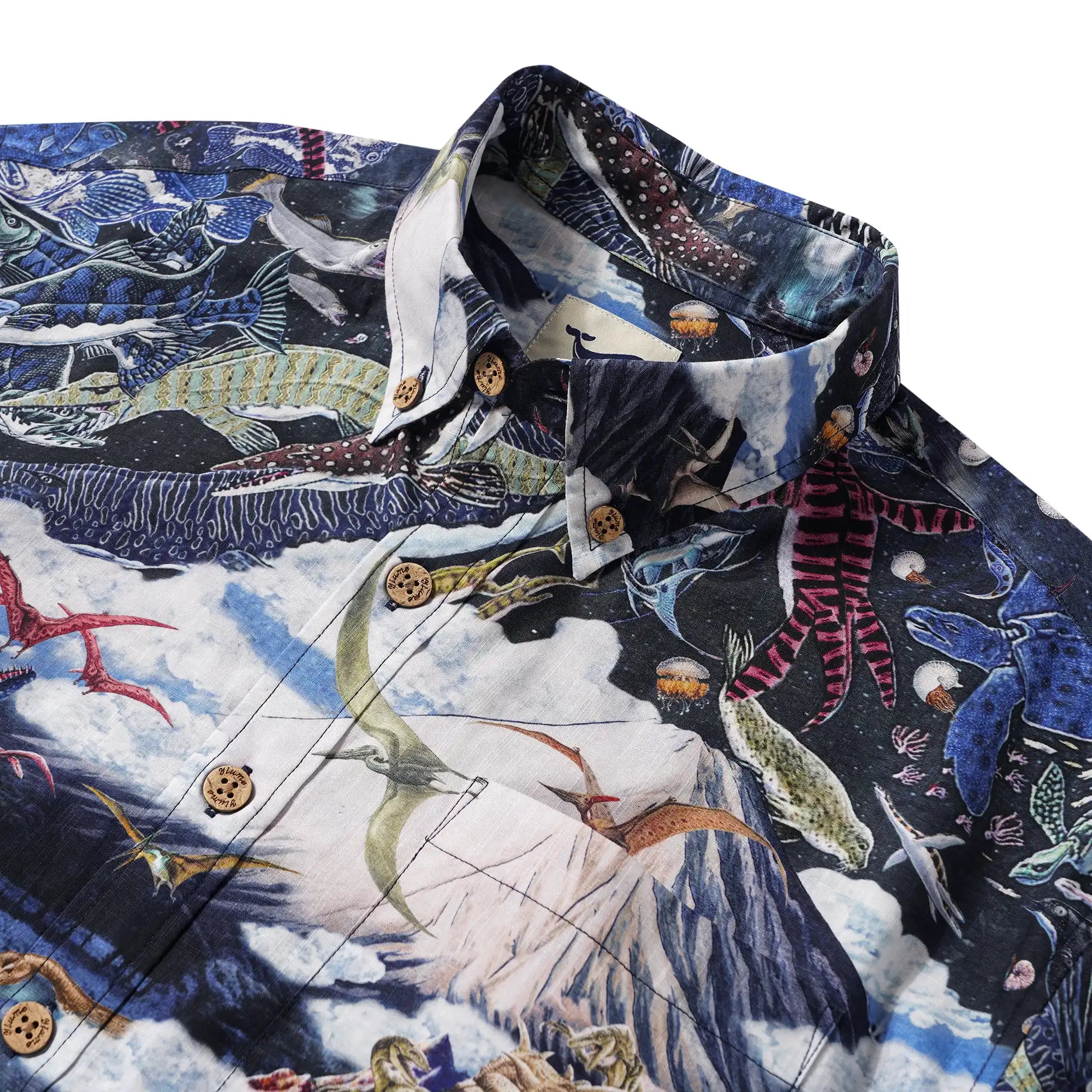Men's Hawaiian Shirt Short Sleeve Button-down 100% Cotton White Aloha Prehistoric Dinosaur Realm