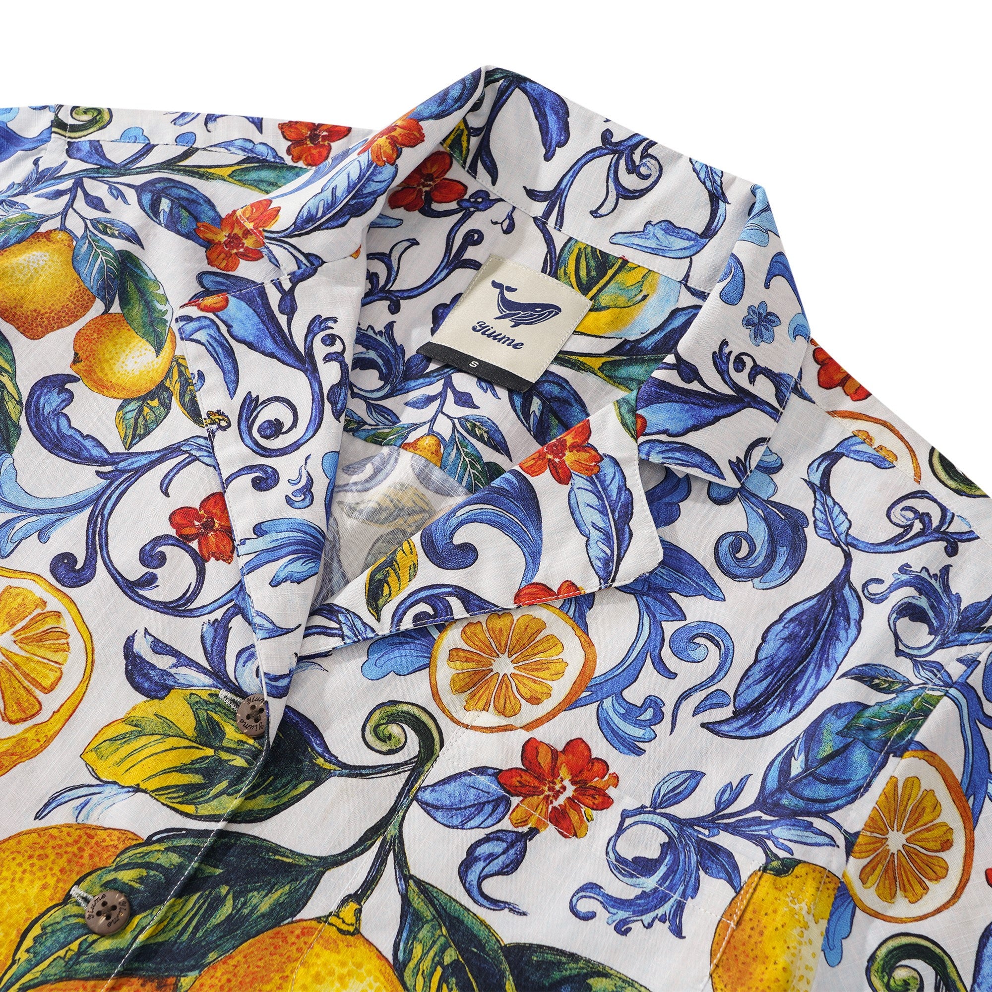 Women's Hawaiian Shirt Blue Aloha Lemon Sicily Cotton Camp Collar Short Sleeve