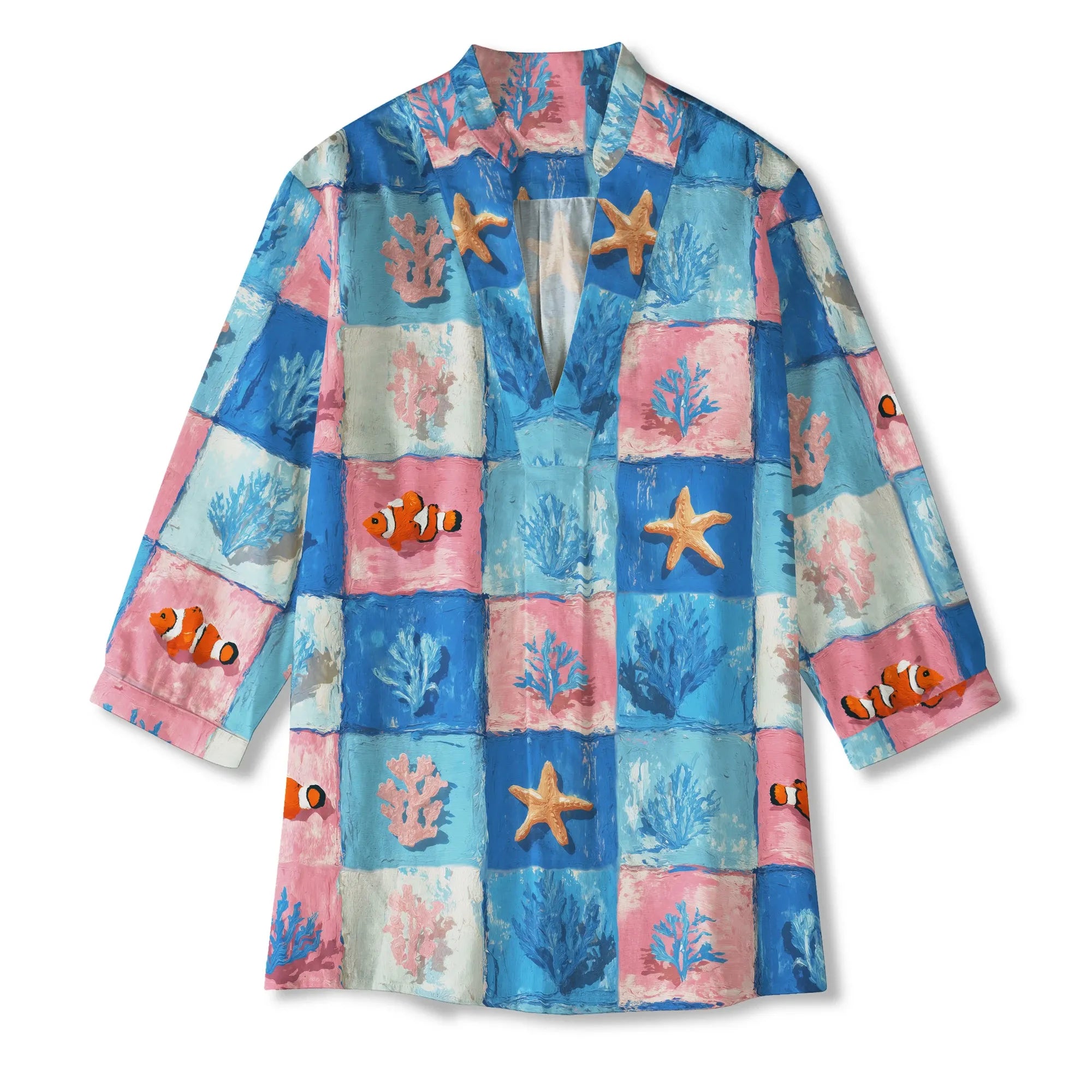 Art-inspired women's shirt with oceanic elements, V-neck