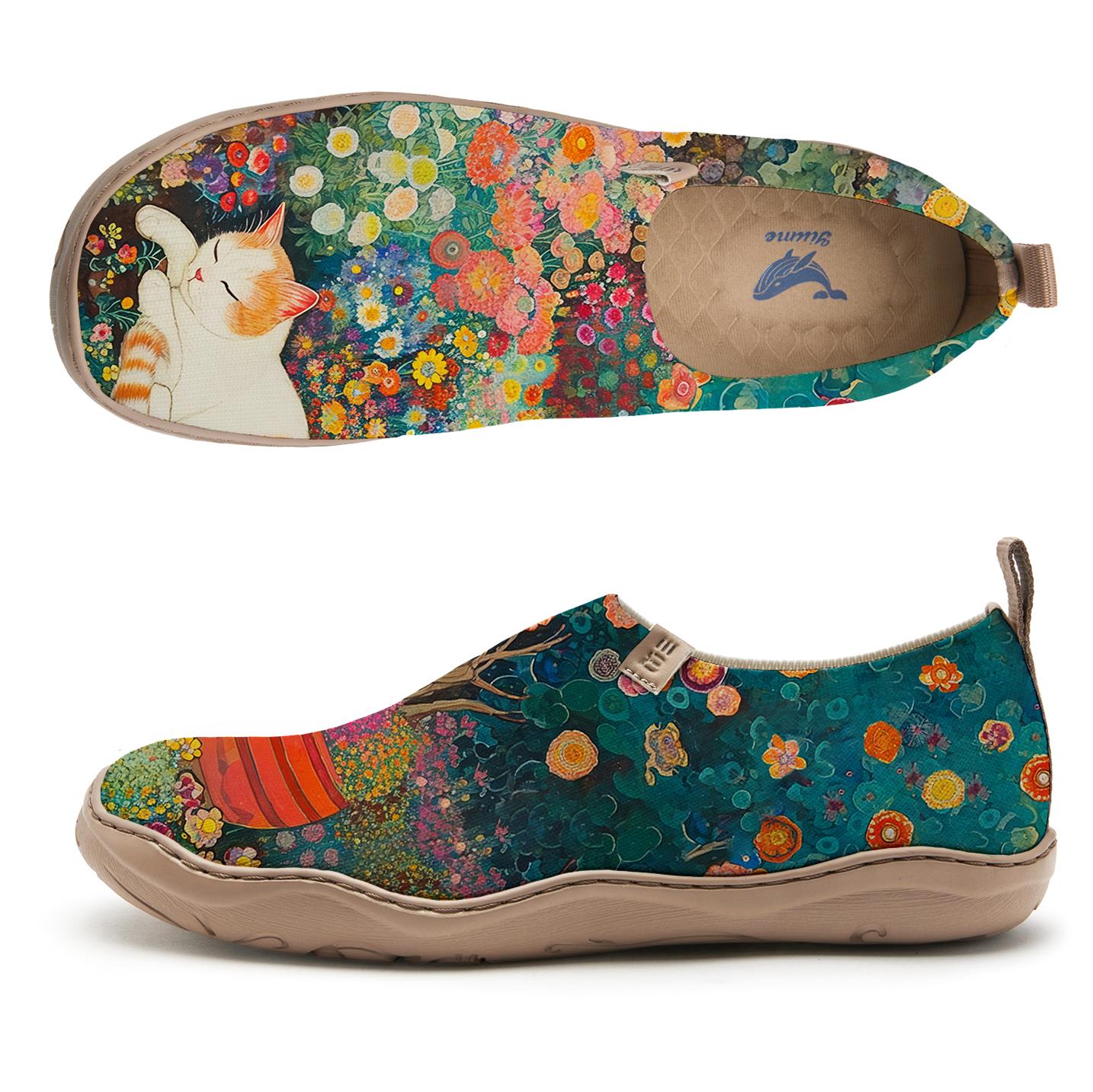 Yiume Frauenkunst Slip-on-Schuhe bequeme atmungsaktive Strick-Freizeitschuhe, schnurren Blütenblätter grüne Blume Kitty Meadow
