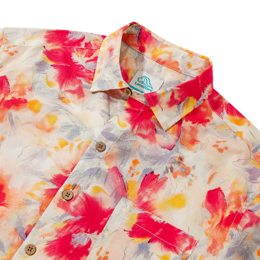 LeosWare® Men's Hawaiian Shirt Short Sleeve Button-up 100% Cotton Red Aloha Vibrant Watercolor Floral Cluster Painting