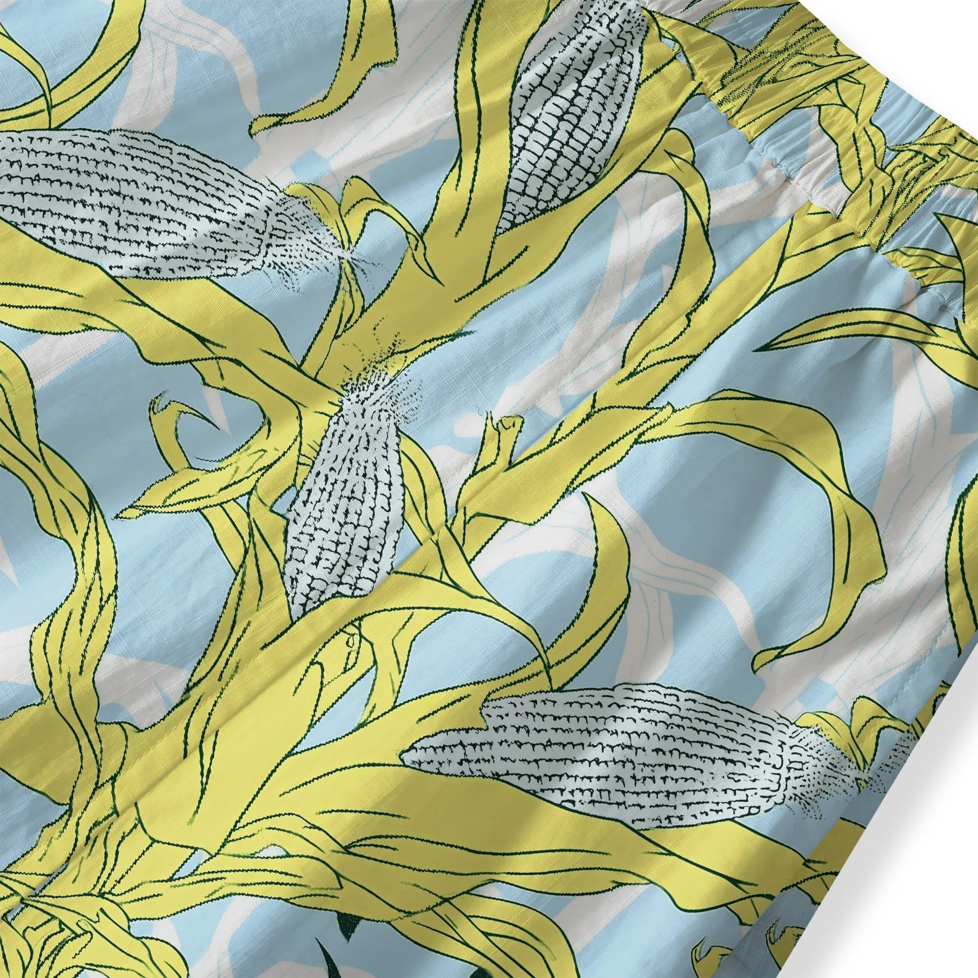 Women's summer skirt, yellow corn leaves, blue sky pattern
