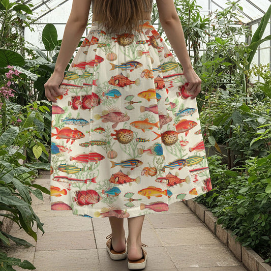 Women Casual Maxi Skirt Long Elastic Waist with Pockets 100% Cotton Beige Aloha Symphony Of The Sea