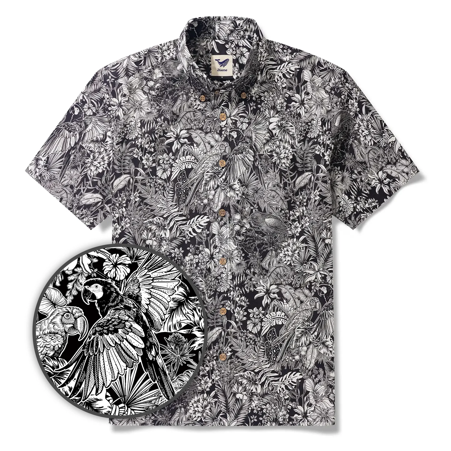 Men's Hawaiian Shirt Short Sleeve Button-down 100% Cotton White Aloha Monochrome Tropical Jungle Charm