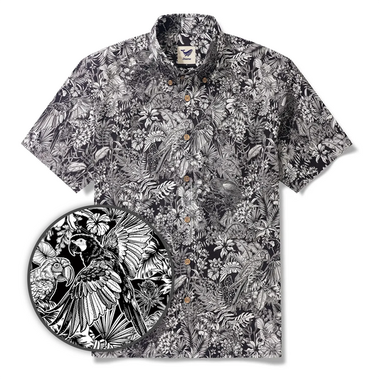 Men's Hawaiian Shirt Short Sleeve Button-down 100% Cotton White Aloha Monochrome Tropical Jungle Charm