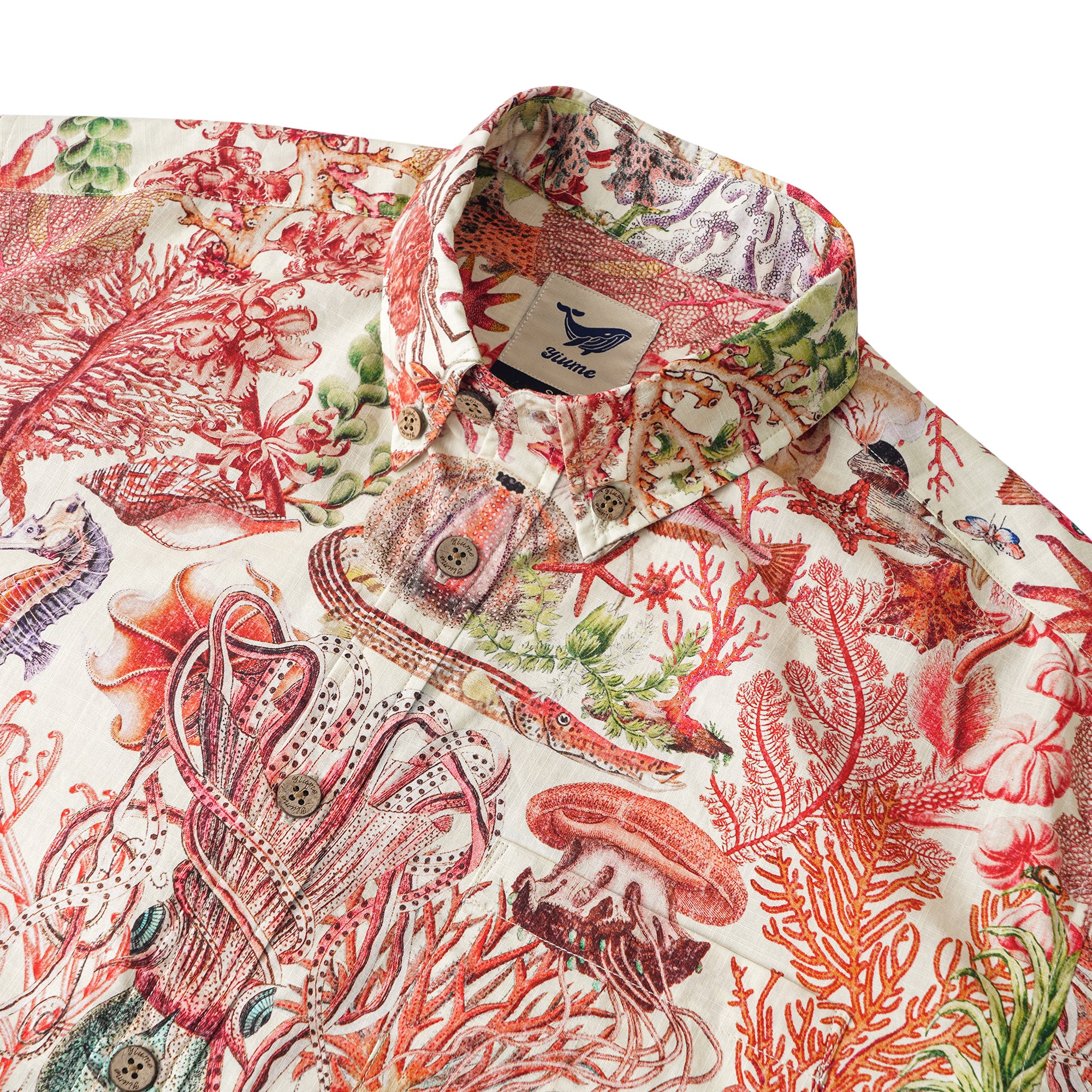 Traumhafte Meere 100% Baumwolle Herren Kurzarm Hemd mit Knöpfen Beige Aloha Hawaiian