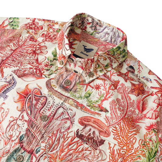 Dreamy Seas綿100%男性用半袖ボタンダウンシャツベージュアロハハワイ