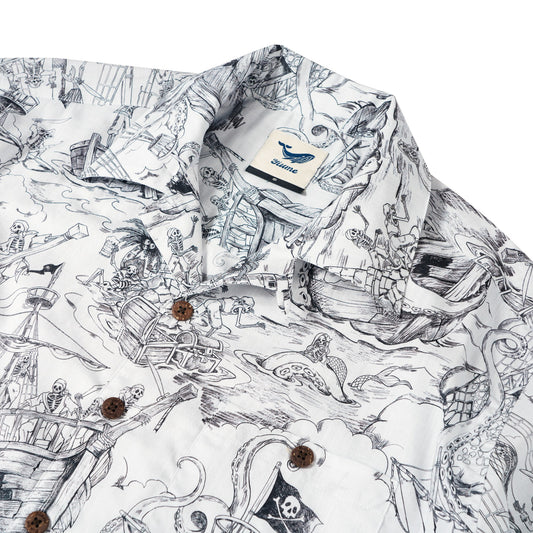 Men's Hawaiian Shirt Short Sleeve Camp Collar 100% Cotton White Aloha Mermaid's Skull Island