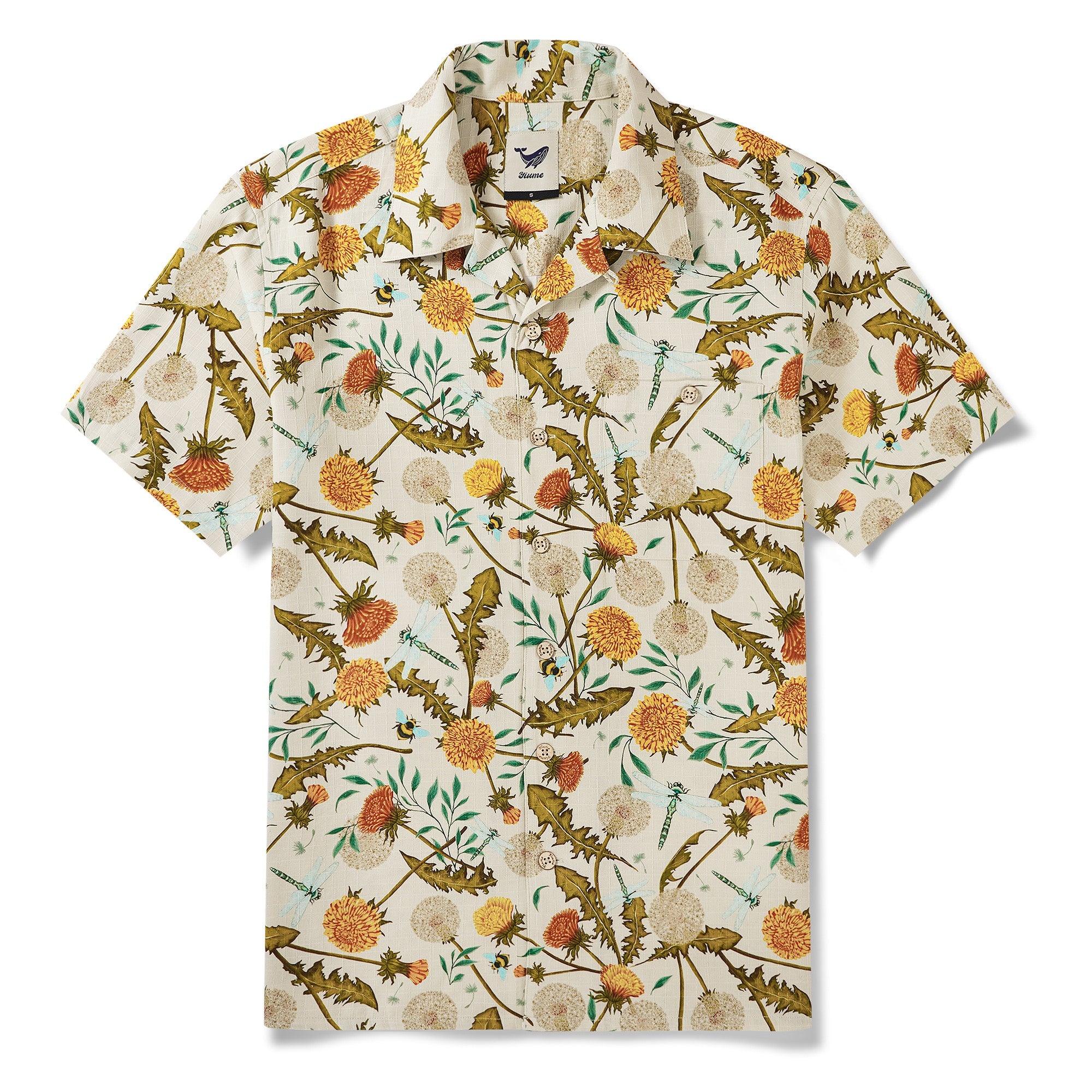 Men's Hawaiian Shirt Short Sleeve Camp Collar 100% Silk Yellow Aloha Dandelions And Dragonflies By Silver Steer Design