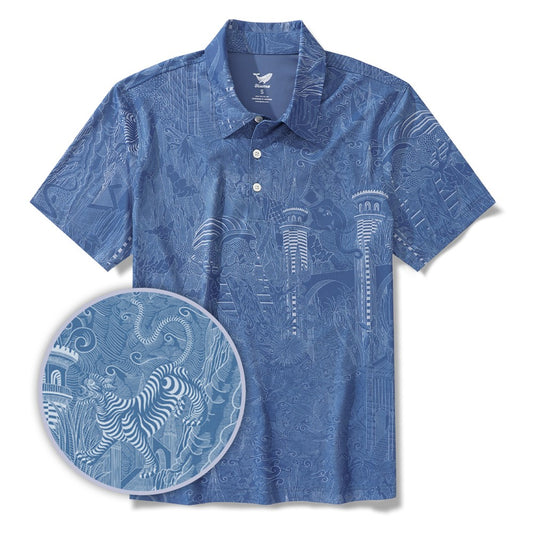 Men's Hawaiian Polo Shirt in Blue Aloha Celestial Wonders Print, short sleeve