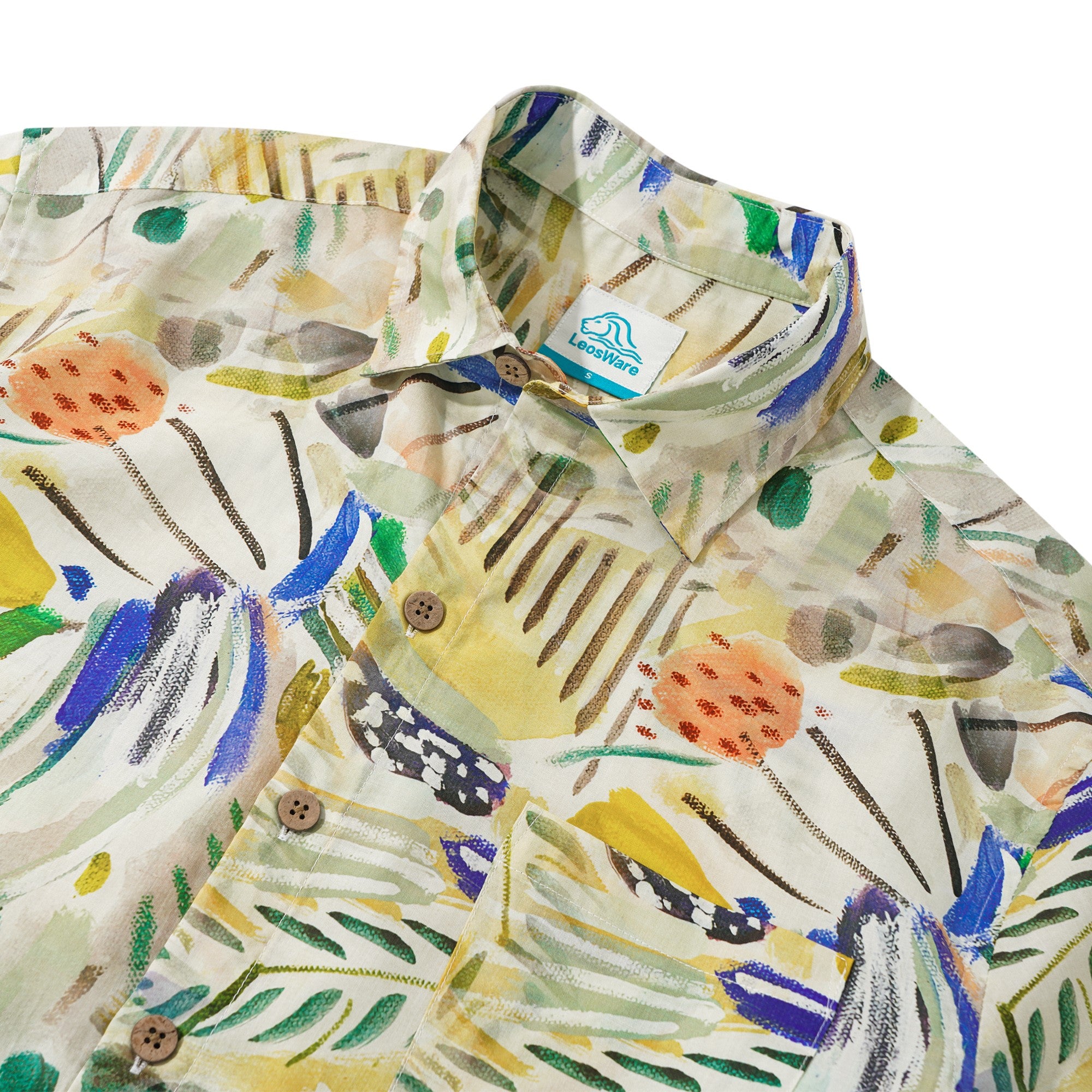 LeosWare® Men's Hawaiian Shirt Short Sleeve Button-up 100% Cotton Yellow Aloha Vivid Tropical Plant Illustration