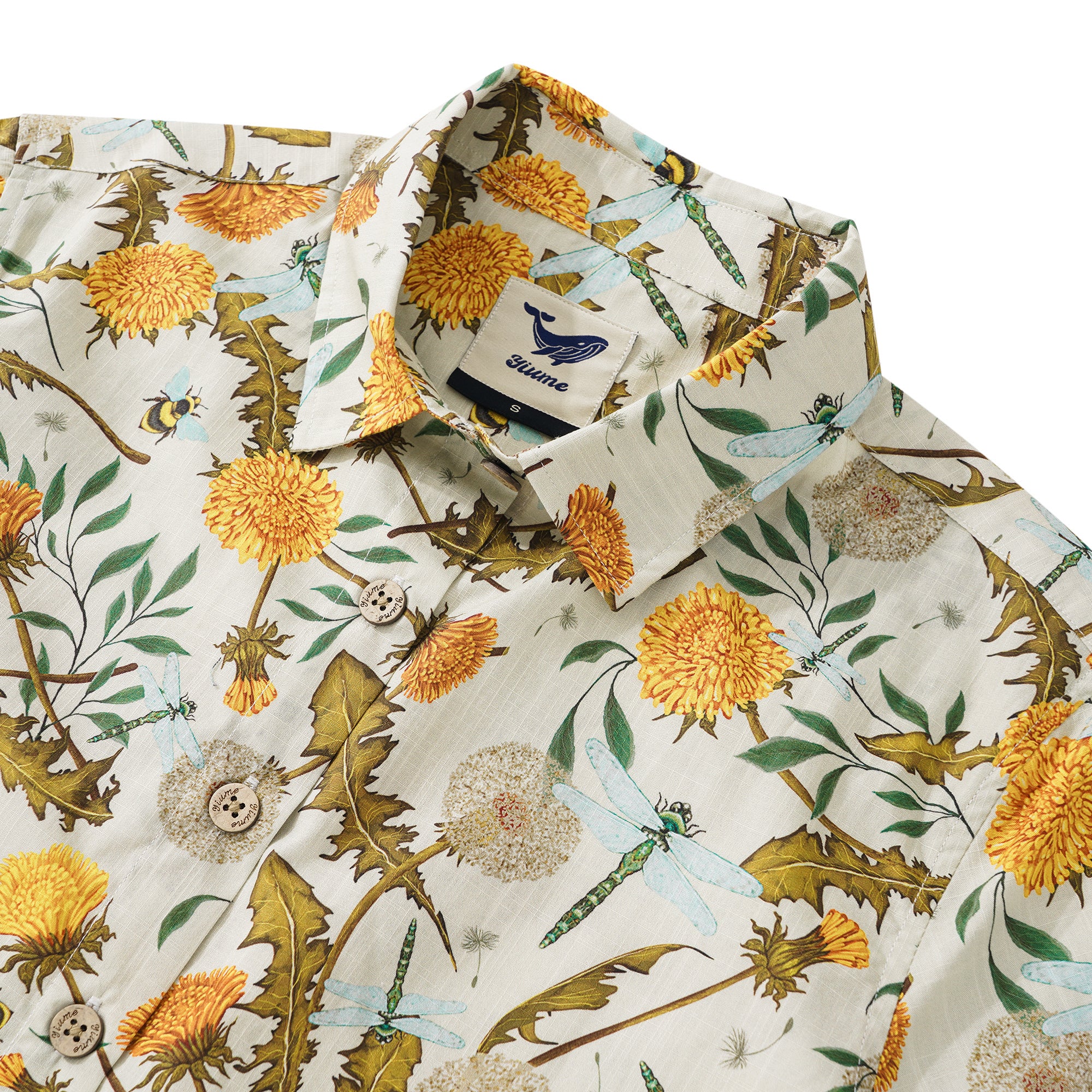 Women's Hawaiian Shirt Short Sleeve Button-up 100% Cotton Yellow Aloha Dandelions and Dragonflies By Silver Steer Design