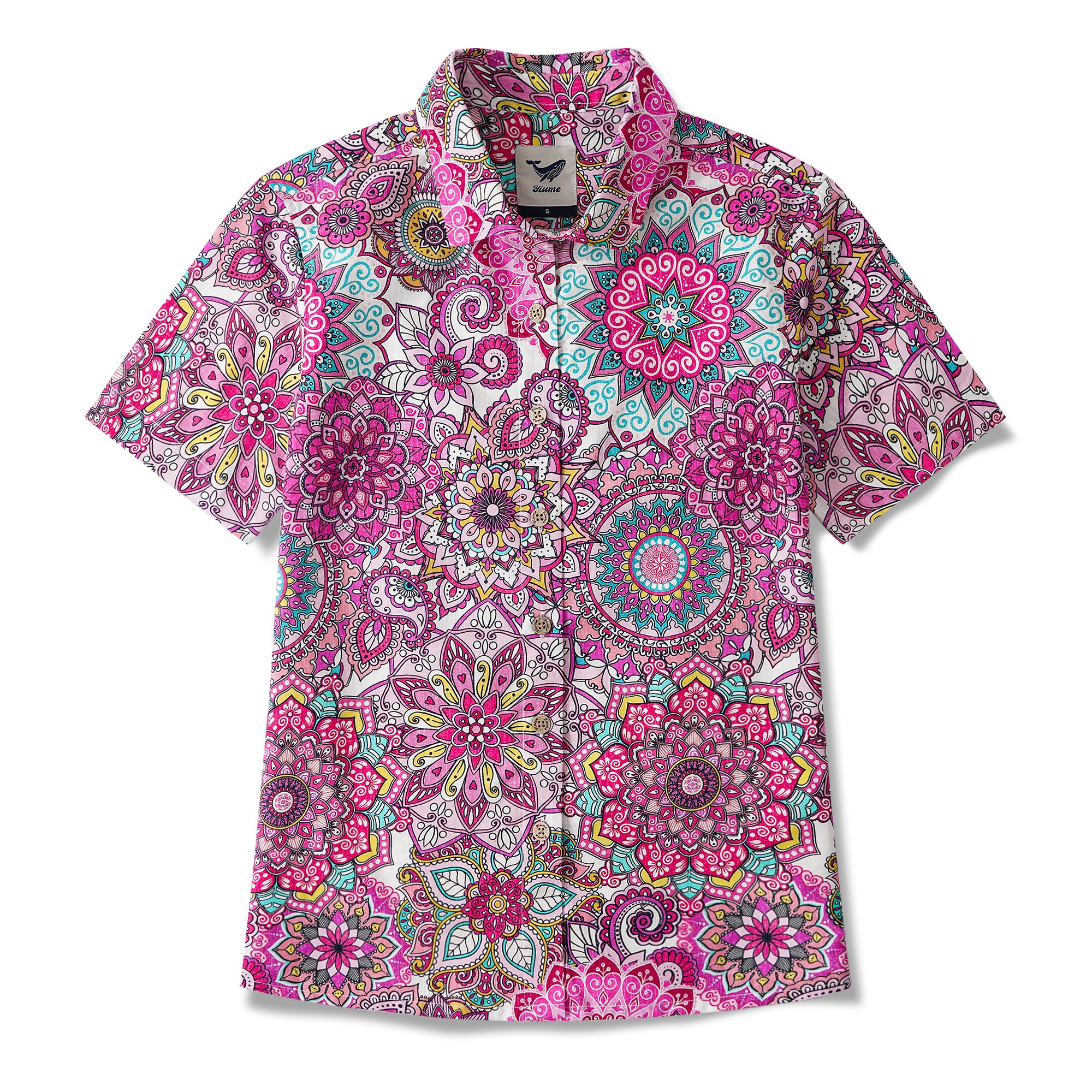 Valentine's Day Pink Mandala 100% Cotton Women's Short Sleeve Button-up Shirt Red Aloha Hawaiian