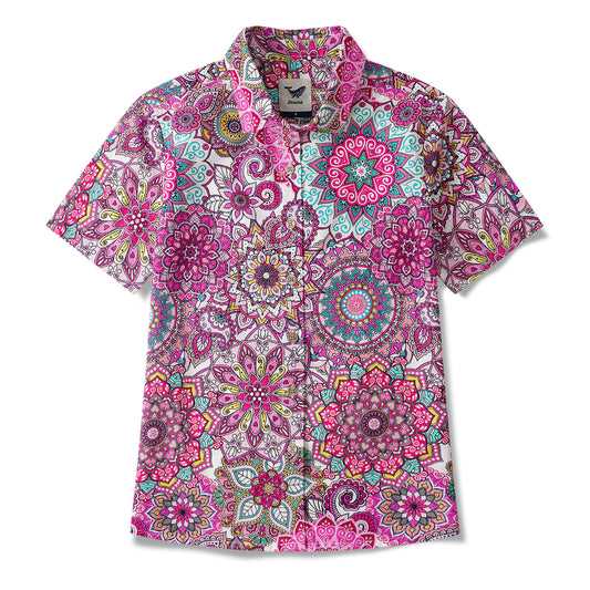 Chemise à boutons pour femmes à manches courtes en coton 100 % Mandala Rose de la Saint-Valentin Aloha Hawaïenne Rouge