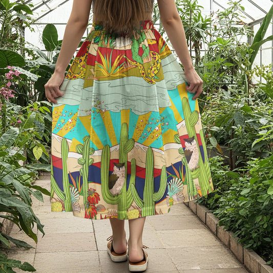 Women Casual Maxi Skirt Long Elastic Waist with Pockets 100% Cotton Green Aloha Sunlit Desert Tales