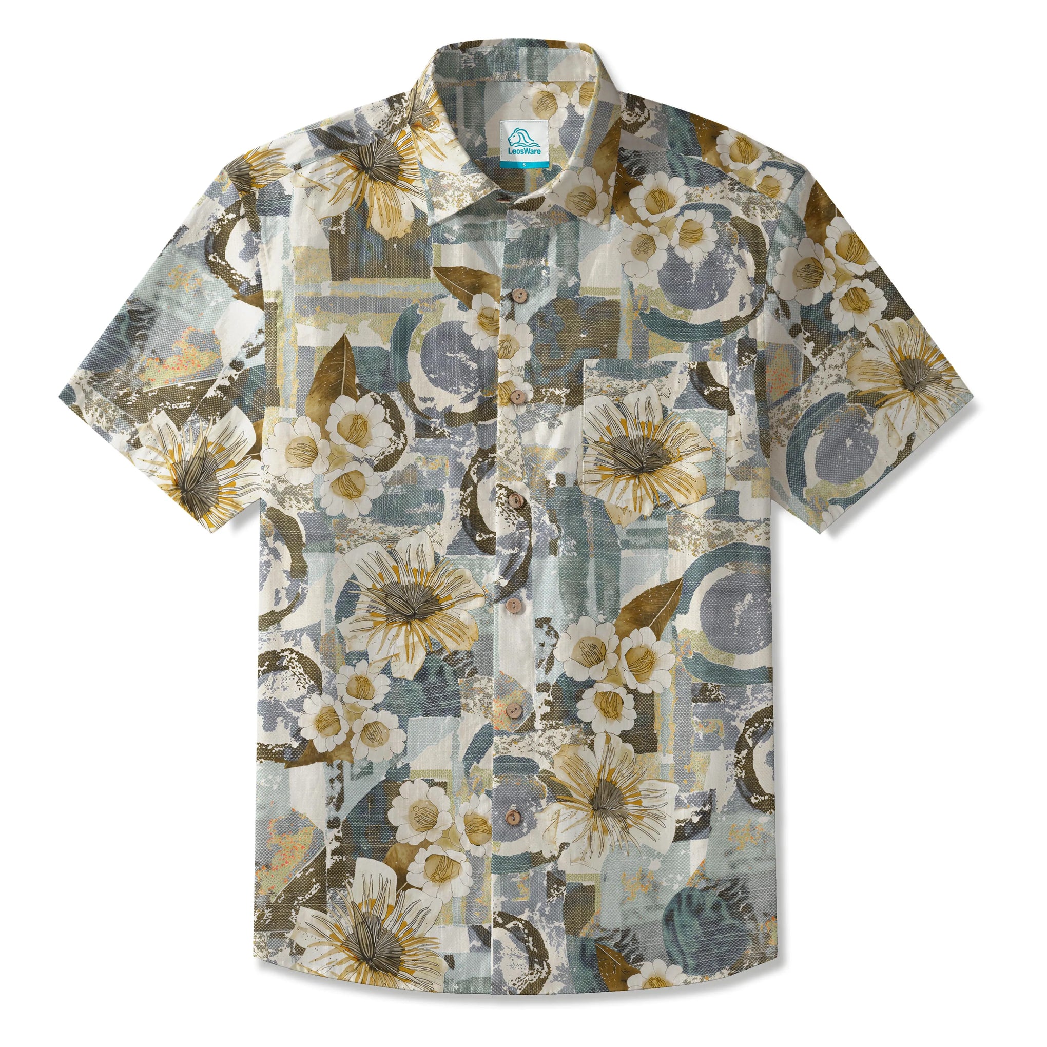 LeosWare® Men's Hawaiian Shirt Short Sleeve Button-up 100% Cotton Green Aloha Vintage Collage Flower Cluster