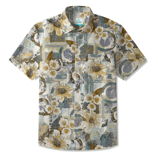 LeosWare® Men's Hawaiian Shirt Short Sleeve Button-up 100% Cotton Green Aloha Vintage Collage Flower Cluster