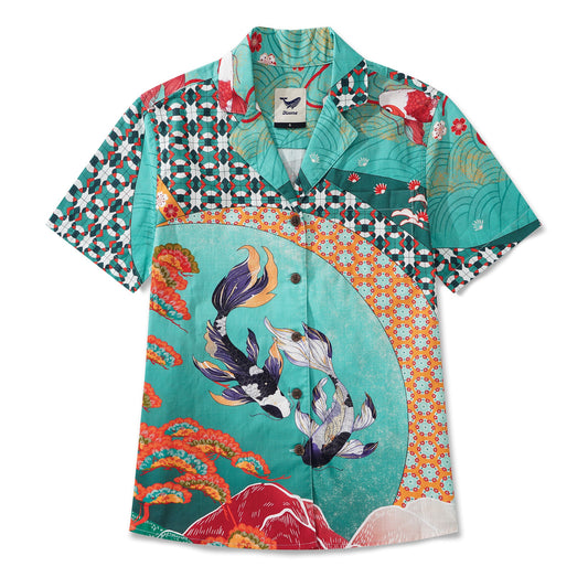 Women's Hawaiian Shirt Short Sleeve Camp Collar 100% Cotton Green Aloha Dance of the Gentle Breeze