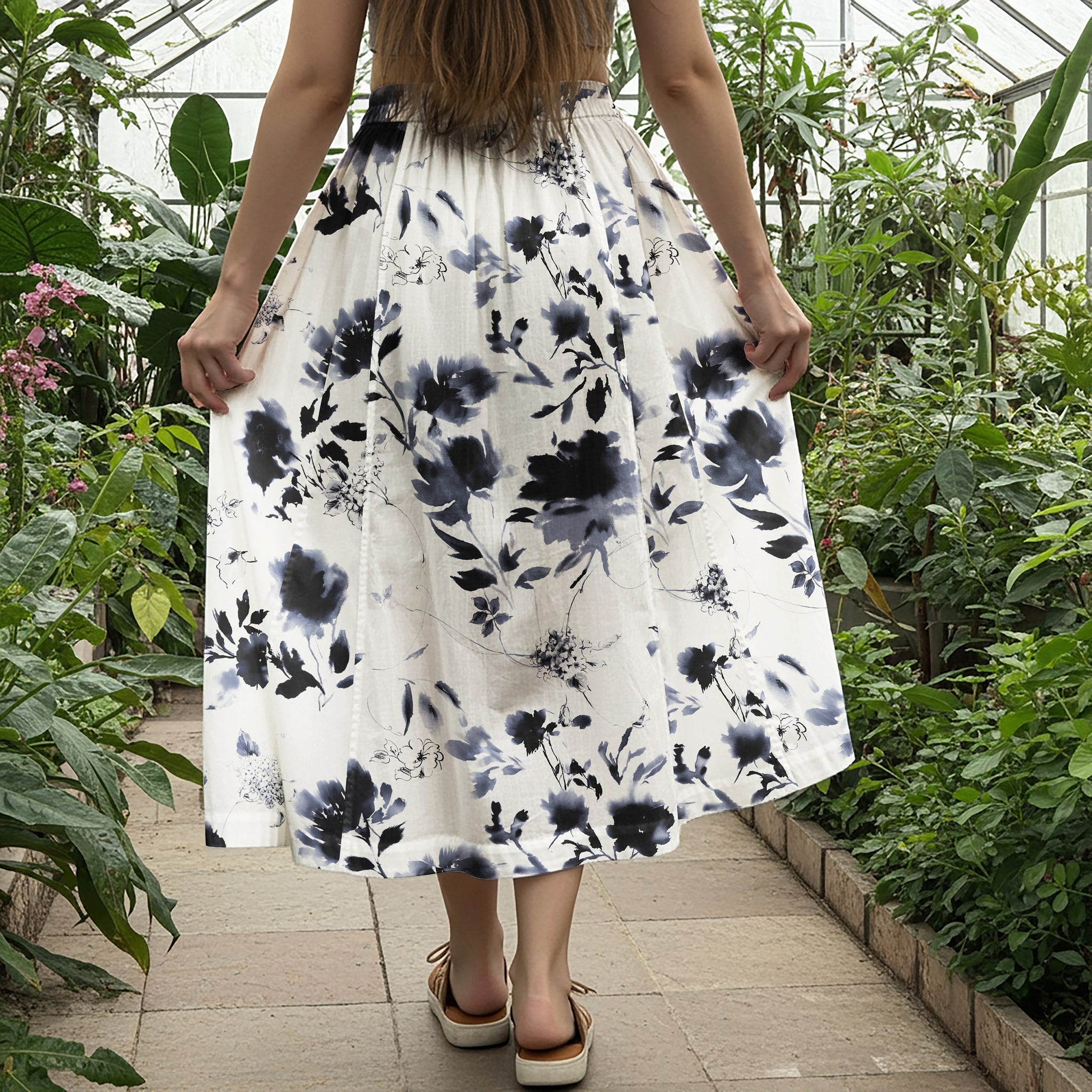 Women Casual Maxi Skirt Long Elastic Waist 100% Cotton White Aloha Eastern Ink Charm