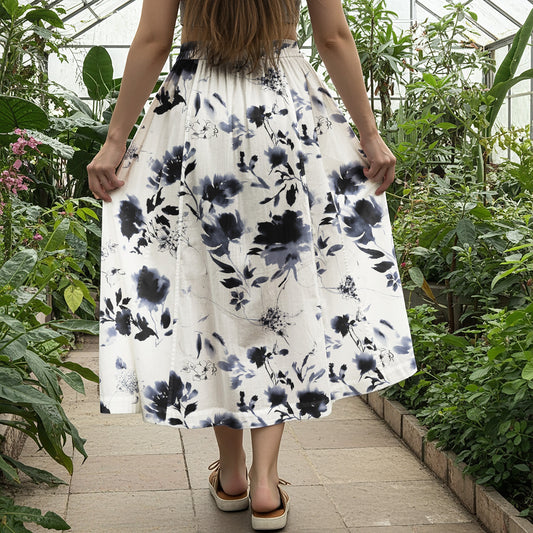 Women Casual Maxi Skirt Long Elastic Waist 100% Cotton White Aloha Eastern Ink Charm