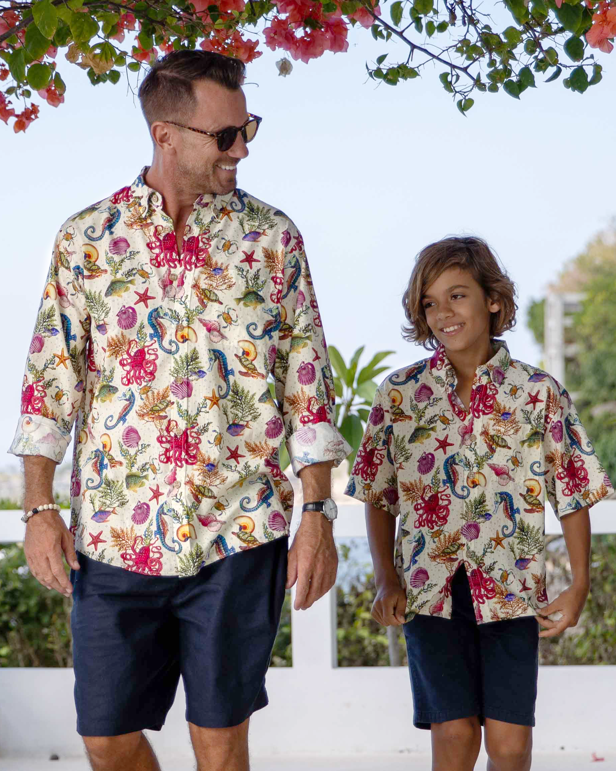 Kinder Hawaiian Shirt Meeresleben Seepferdchen Oktopus Druck Baumwolle Knopfverschluss Kurzarm