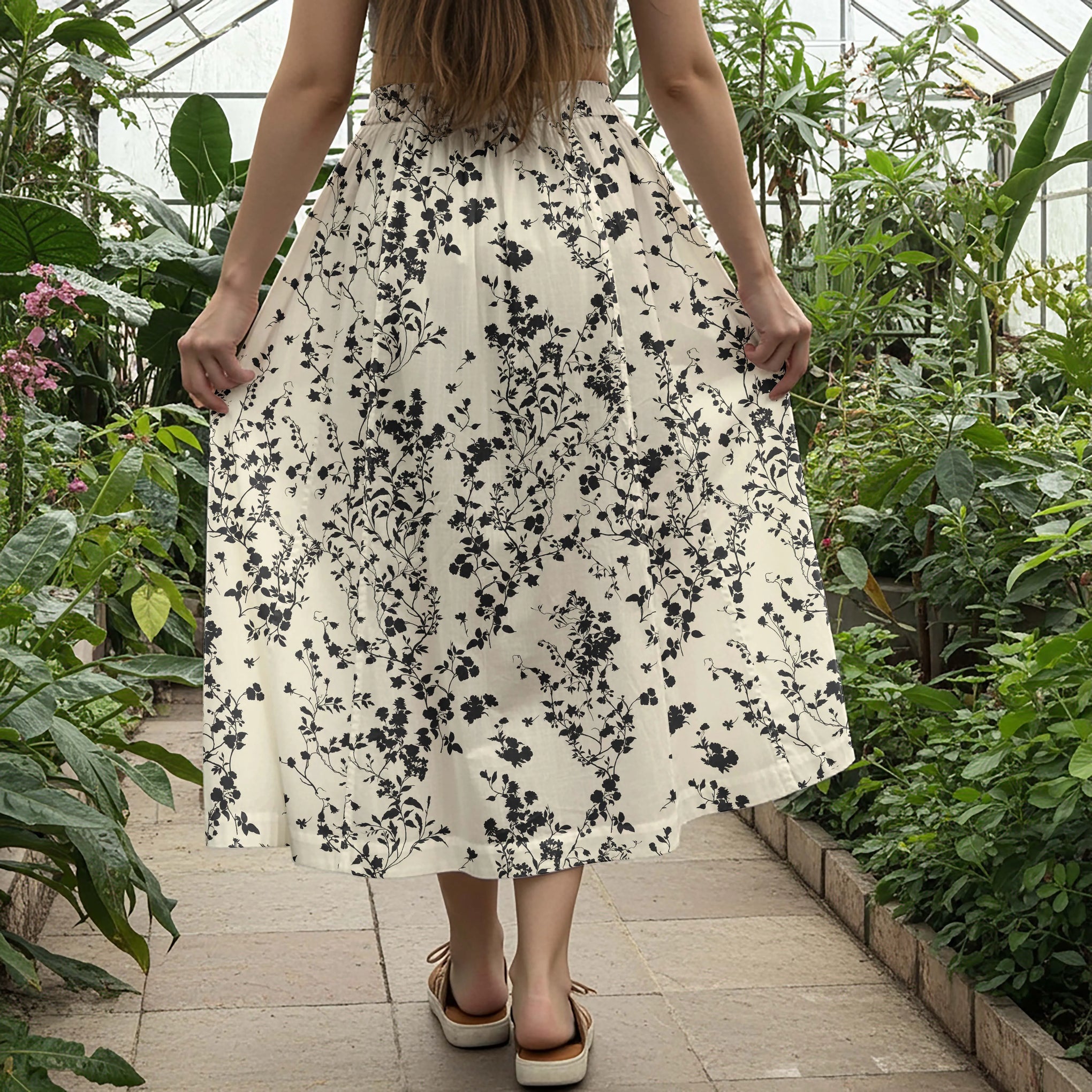 Women Casual Maxi Skirt Long Elastic Waist with Pockets 100% Cotton Beige Aloha Tranquil Inkvine