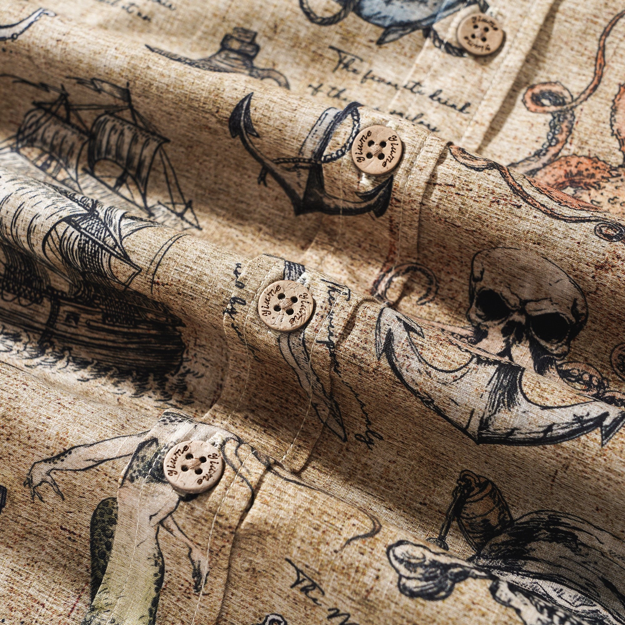 Men's Hawaiian Shirt Short Sleeve Button-down 100% Cotton Beige Aloha Pirate’s Log: The Sea Monster