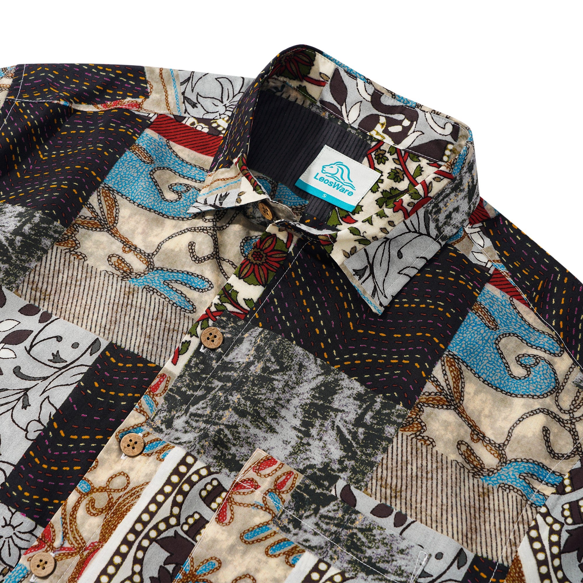 LeosWare® Men's Hawaiian Shirt Short Sleeve Button-up 100% Cotton Brown Aloha Vintage Patchwork Wonderland