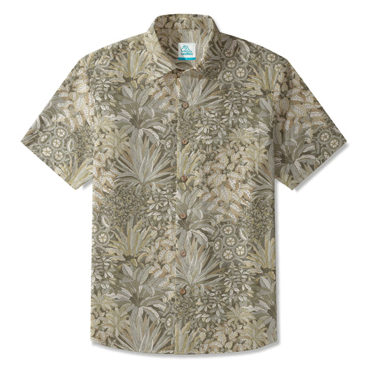 LeosWare® Men's Hawaiian Shirt Short Sleeve Button-up 100% Cotton Beige Aloha Vintage Rainforest Treasures