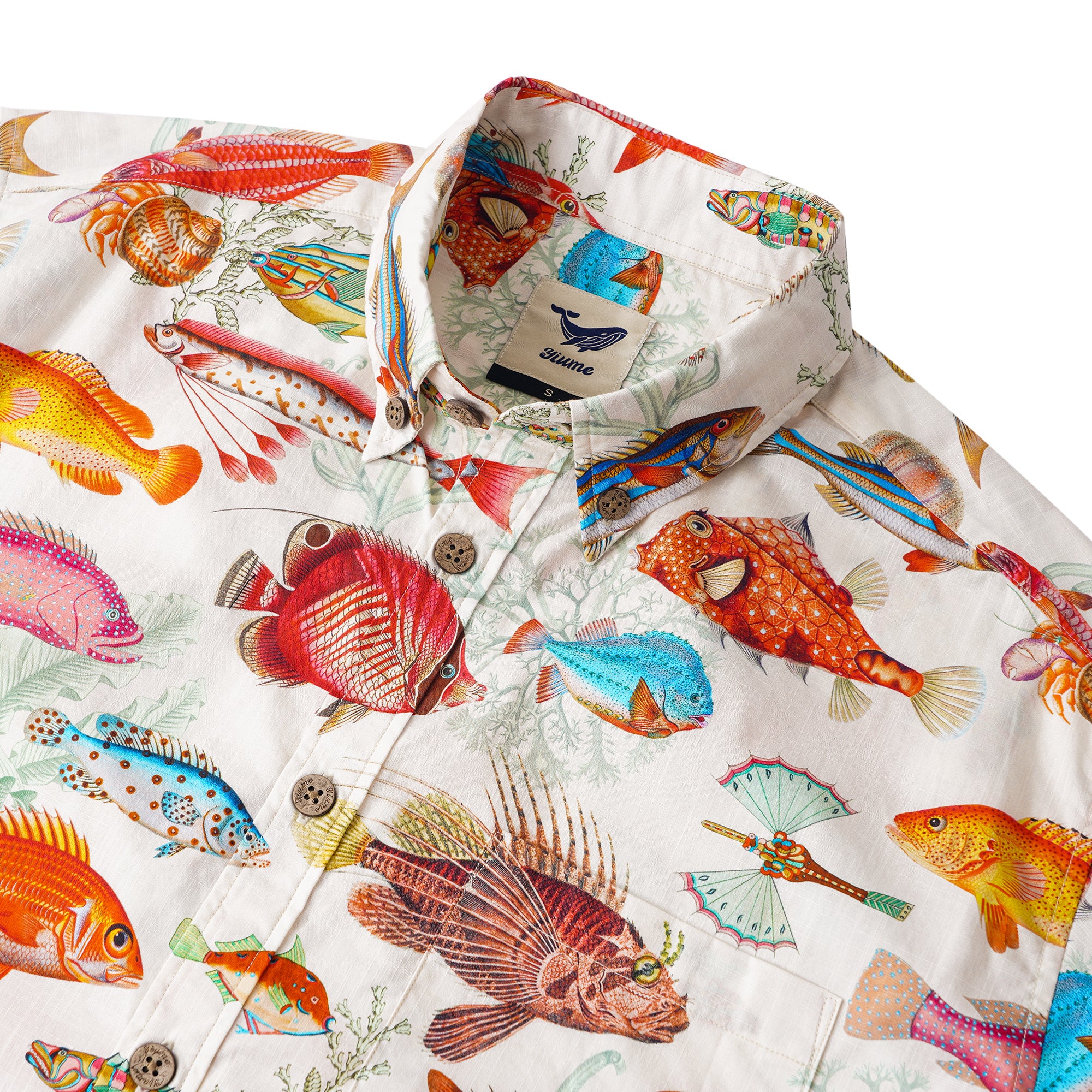 Chemise Yiume pour hommes à motif de poissons tropicaux 100 % coton, chemise hawaïenne à manches courtes, à boutons, couleur beige, chemise Aloha.