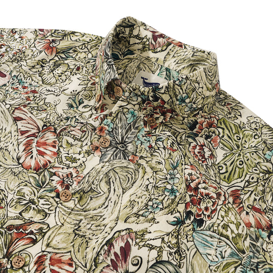 Chemise hawaïenne pour homme à manches courtes, boutonnée, 100 % coton, verte, motif floral Aloha avec papillons.
